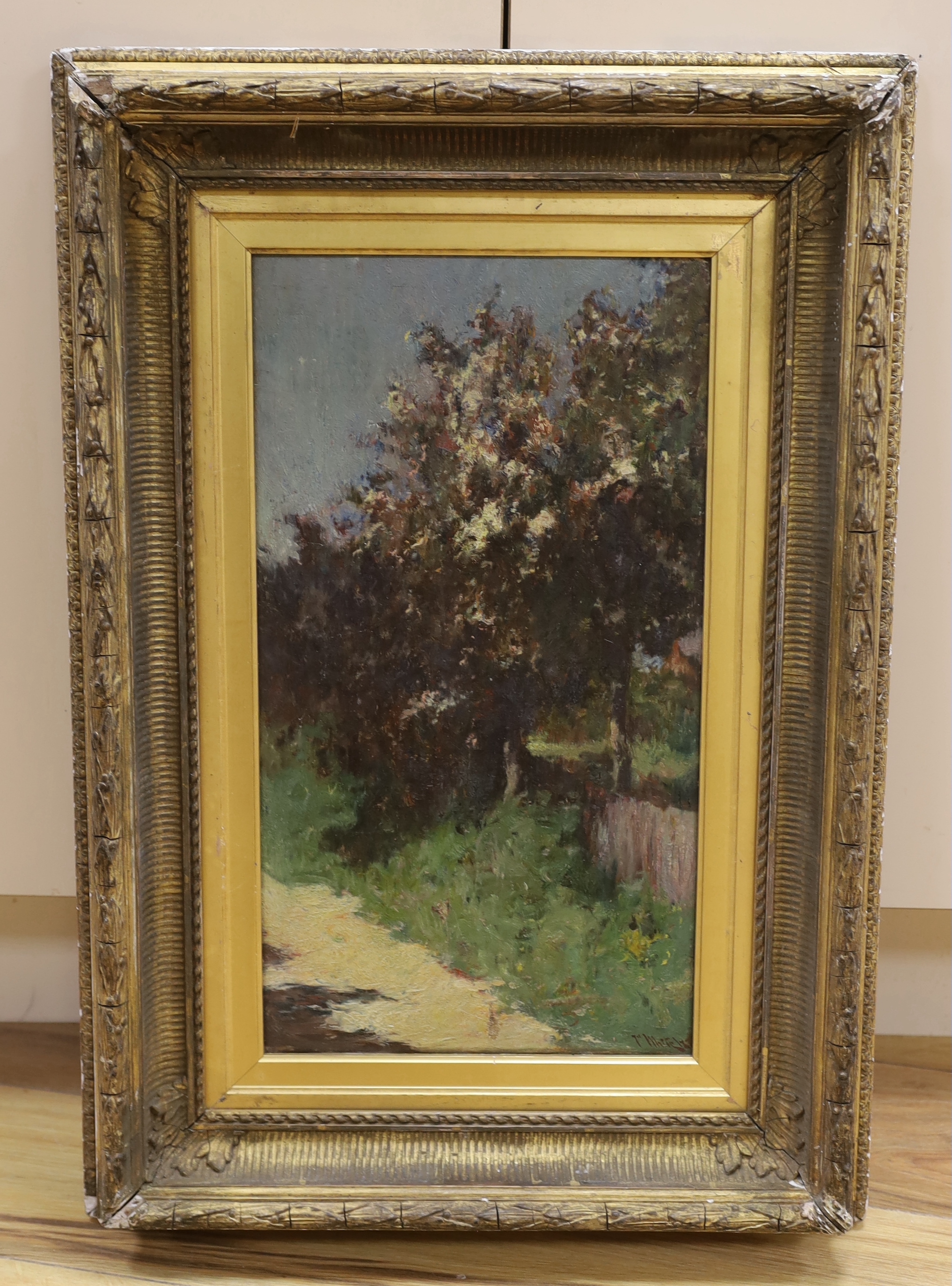 John White (1851-1933), oil on canvas, Flowering trees beside a lane, signed, 45 x 24.5cm